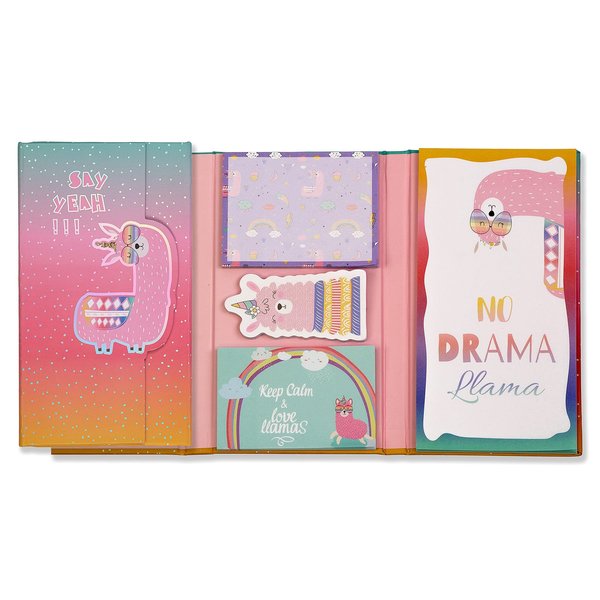 Better Office Products Sticky Note Cute Variety Set in a Padded Compact Trifold Book, Llama Assorted Designs & Sizes 66501